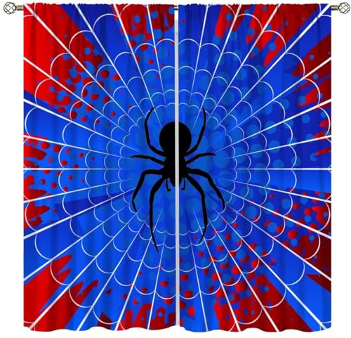 DDCBNS Superhero Spider Web Curtains,Blue Red Window Treatments for Kids Boy Bedroom Office Study Halloween Theme Spider Print Polyester Fabric Window Drapes 2 Panel Set Total Size 42 x 45 Inch