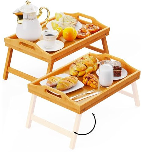 Avilia Vassoio Colazione a Letto in Bambù con Impugnature e Gambe Pieghevoli - Perfetto per Mangiare Comodamente a Letto - 50x30x21cm