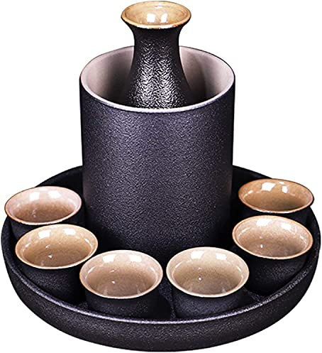 FURLOU Sake-Set aus Keramik im japanischen Stil, kleines Sake-Becher-Set aus Steinzeug, Weinkrug x 1 Warmer Weinkrug x 1 Weinglas x 6 Weintablett x 1(Color:Black)