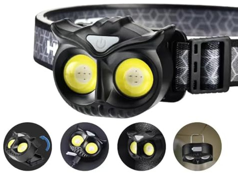 YZYOE Lampe frontale LED rechargeable en forme de hibou, lumière blanche et rouge, double source de lumière, lumière œil chat, mini éclairage animal mignon avec aimant et crochet.