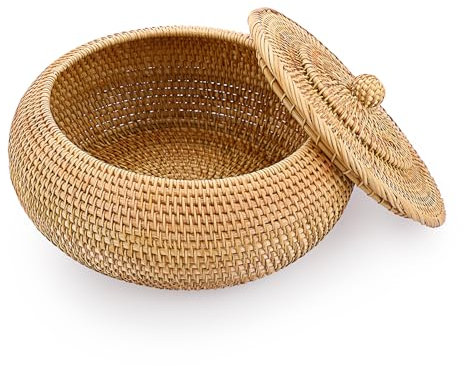 IGNPION Rattan Storage Basket with lid Table Decorative Storage Baskets for Shelf &Desktop Woven Kitchen Fruit Bread Basket Egg Holder Bowl(Large)