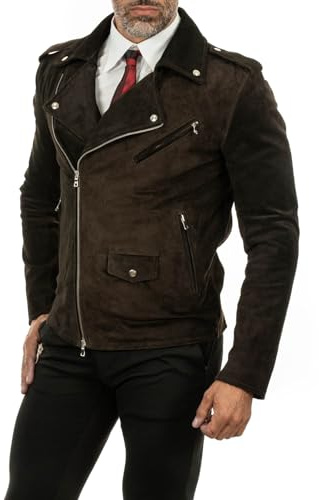 Chiodo Biker In Vera Pelle Scamosciata Marrone Uomo Slim Con Cintura Rindway, XS, Trapunta (Autunno-Inverno), Nero
