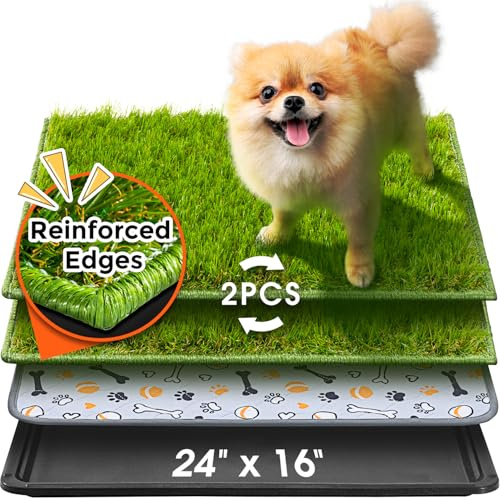 Hompet Dog Grass Pad with Tray Large, 24x16, 2 Reusable Artificial Turf for Dogs Potty, Waterproof Non-Slip Washable Pee Pads, Quickly Absorbency Portable Dog Litter Box for Indoor/Outdoor Use