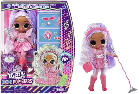 L.O.L. Surprise! Tweens Neon Pop Stars - Kitty K - 1 Modepuppe mit Backlight Surprises und 10+ Pop Star Fashions und Accessoires Inklusive Retro Mikro-Ständer, Geschenk für Kinder ab 4