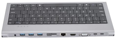 Plyisty Tastiera Cablata con Hub USB, Docking Station USB Tastiera a 78 Tasti con HDMI/VGA/USB3.0 * 3/USB-C 100W PD/USB-C/1000Mbps RJ45/Slot per Scheda SD/Slot per Scheda TF/AUX da 3,5 Mm