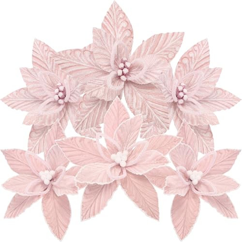 Sea Team Paquete de 6 adornos de flores artificiales de Navidad, juego de flores de Pascua de tela flocada, decoraciones florales para árbol de Navidad, corona, guirnalda, 10 pulgadas, rosa