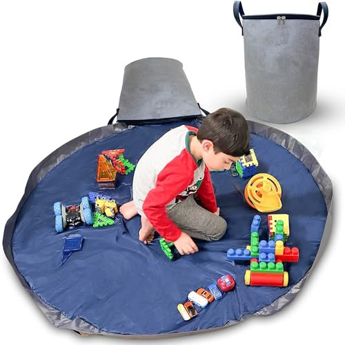 Portable Toy Storage Basket & Play Mat with Pocket Label - 9.3 Gallon Toy Organizer - Leather Handles, 60 Playmat - Toy Bag for Boys & Girls, Playroom, Grey