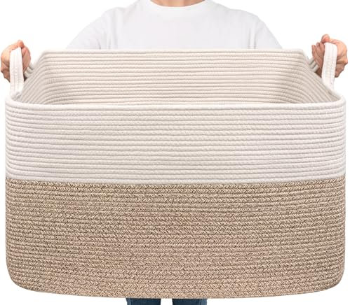 Extra Large Storage Basket, Laundry Basket, Rectangle Cotton Rope Woven Baskets for Toys, Blankets, Towels, 60 x 40 x 35 cm, 85 L, Brown
