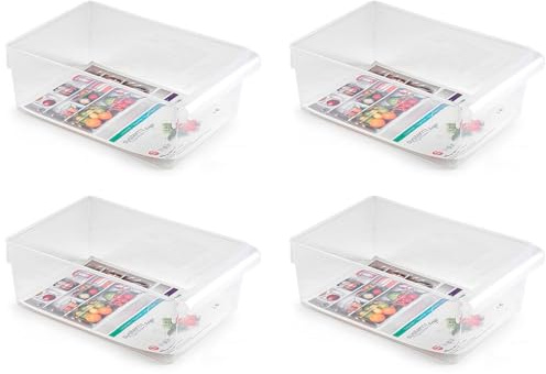 Tradineur - Pack de 4 cajones organizadores Reutilizables para frigorífico Nº 9, Recipiente de plástico Polipropileno con asa, Fruta, verdura, Fabricado en España (Translúcido - 10 x 19,5 x 29 cm)