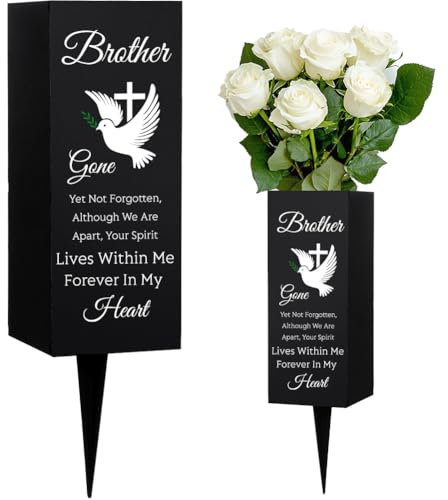 WEBEEDY Cemetery Vases for Brother Metal Grave Vases Flower Holder with Spikes Brother Cemetery Decorations Grave Ornaments for Funeral Pigeons Cross Forever in My Heart Cemetery Sign, 8x20 cm