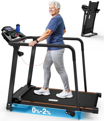 Redliro Treadmill for Seniors with Long handrails - 300 lbs Capacity Walking Treadmill for Seniors with 0%-2% Incline, Foldable, Heart Rate Monitor, Mute Home Recovery Walking Machine for Seniors