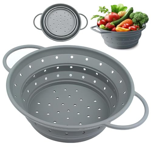 Passoire à Pâtes Pliable en Silicone avec Poignées, Colander Panier de Lavage, Égouttoir Pliable, Passoire Filtre de Cuisine Multifonctionnelle pour Pâtes, Fruits, Légumes, 21,5 cm (Gris)