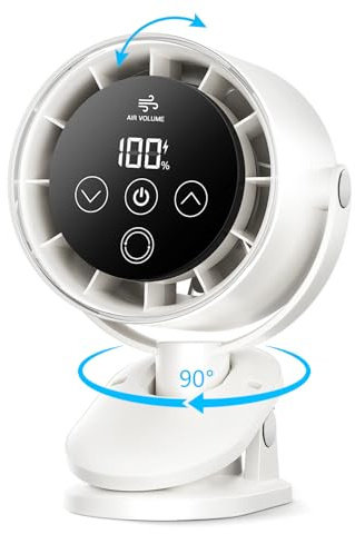 Mini USB Ventilator mit Clip & Akku Tragbarer Tischventilator Klein Wiederaufladbarer Leise LED-Display 90° vertikale Neigung & 90° Oszillation Ventilator USB-Ladung Ideal für Zuhause, Büro & Camping