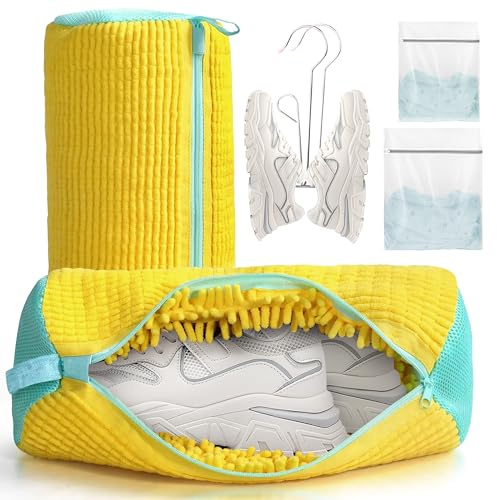 Shoe Washing Machine Bag, Laundry Shoe Bag for Washer & Dryer, Elongated Thicken Microfiber Fluff, Shoe Cleaning Bag for All Shoes (Light Yellow)