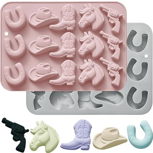 2 Pack Cowboy Chocolate Molds 3D Western Themed Baking Mould Cowboy Hat Boot Horse Saddle Shape Silicone Candy Molds for Chocolate Cake Desserts Decorations Kuchen Seife(Cowboy Theme)