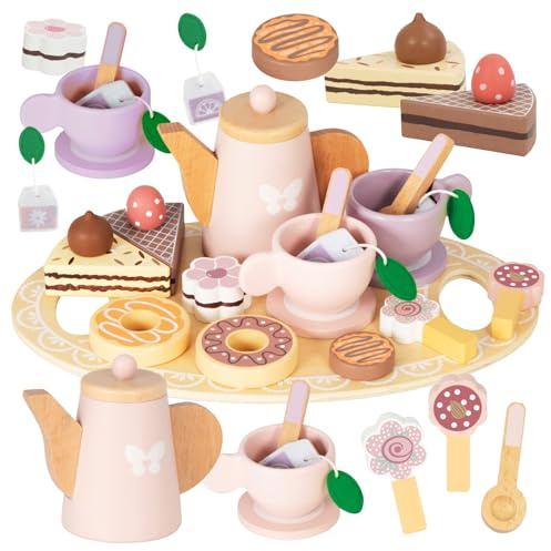 Nene Toys Träteservis för Barn från 2 År – Tea Party Lekset 18 Delar med Tekanna, Bricka, 2 Koppar & Sötsaker – Montessori Leksak i FSC®-Trä – Present 2–5 År