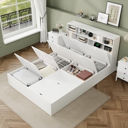 Generisch Weißes Massivholz-Stauraumbett 140x200 cm mit USB-Ladestation, integrierten Aufbewahrungsboxen & Stabiler Rahmenkonstruktion – Doppelbett ohne Matratze, platzsparend & modern