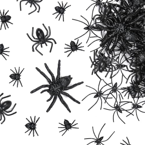 MorLuks 100 Stück Halloween Deko Kleine Plastikspinnen, 4 Größen Realistische Spinnen Deko, Gruselige Spinnen Streich, Kunststoff Spinnen Tischdekoration für Halloween Party Narrentag Dekoration
