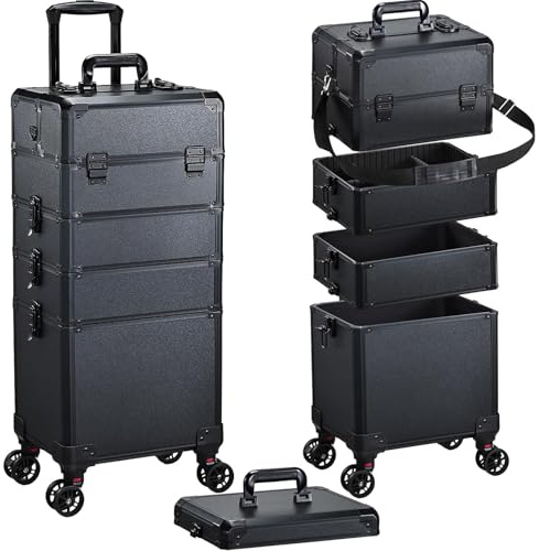 Professional 5-in-1 Vanity Case Makeup Organiser Large Makeup Trolley on Wheels Hairdressing Trolley on Wheels Beauty Case Lockable Make Up Box Storage Black