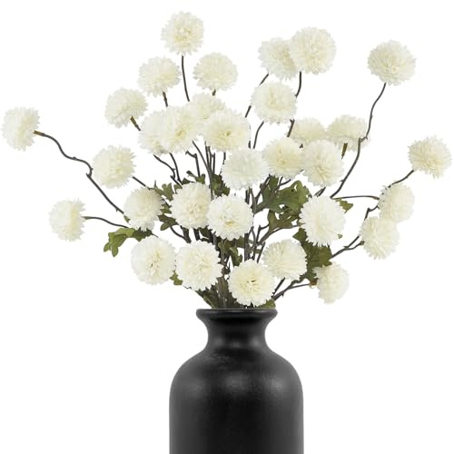 6PCS Artificial Chrysanthemum Faux Pompon Mum Ball Stems for Home Decor | Ivory White Faux Flowers Real Touch Silk Mini Chrysanth, Fake Kiku Blooms for DIY Bouquet, Wedding Centerpiece,Outdoor Decor