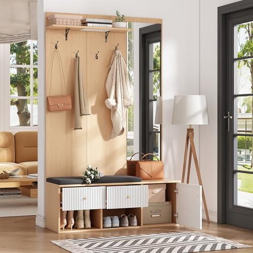 Juabett Garderobenset, Flurgarderobe Set mit Schuhbank, Spiegel und Schuhschrank, Flurmöbel Garderobenständer mit 4 Kleiderhaken und Polster Sitzbank, Garderobe Kompaktgarderobe mit Regal, Schublade