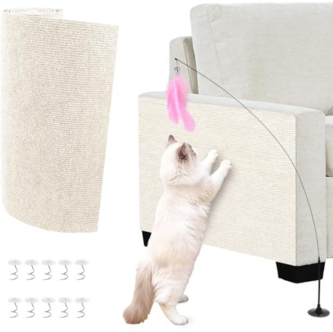 CxutSa 40x100cm Cat Scratching Mat Self Adhesive Scratch Pad Anti Scratch Furniture Protector DIY Trimmable Climbing Cat Scratcher for Sofa, Wall, Floor, Carpet with Cats Feather Toy (Off-white)