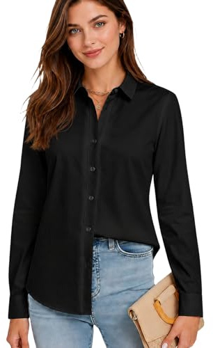 BOYSSPAA Womens Long Sleeve Blouse Classic Button Down Shirt for Daily Office Wear V-Neck Loose Tops for Ladie (UK, Alpha, L, Regular, Regular, Black)