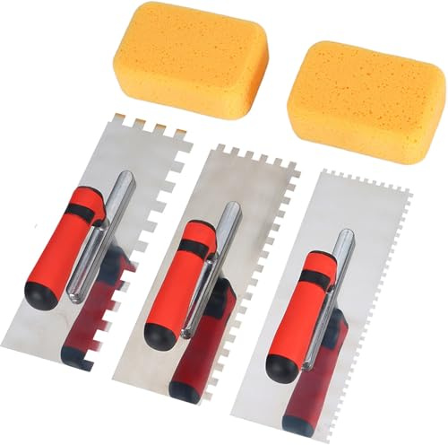 Tile Tools Notched Trowel 3 Pcs Set, Made of Premium Stainless Steel, Finish Trowel with Grout Sponge for Tiling Installation(Notch Size: 4mm & 8mm & 12mm)