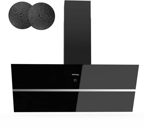 IsEasy Cappa Cucina 90 cm, Cappa Aspirante 90 cm con 578 m³/h Forte Potenza di Aspirazione, 4 Livelli di Regolazione, Ritardo 1-9 Minuti, Scarico/Ricircolo, 58 dB, Nero, Efficienza A++