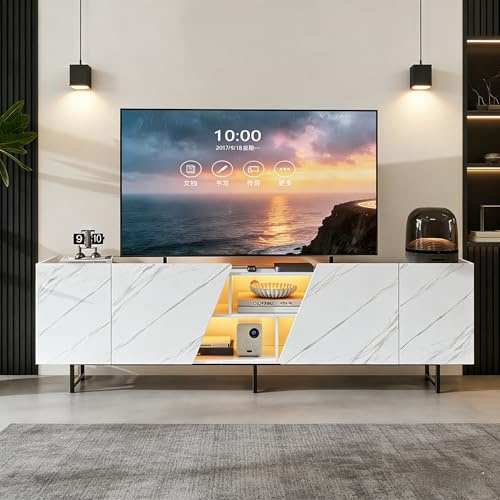 Hauptrolle TV Schrank mit LED Beleuchtung, TV Lowboard mit Marmoroptik und 4 tür, für 65/75/85-Zoll-Fernseher, Moderne Fernsehschrank mit Stauraum, für Schlafzimmer, Wohnzimmer, 220 cm lang, Weiß