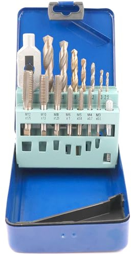 Anhoer Tap and Die Set M3-M12 Metric, 15-Piece Thread Tap & HSS Drill Bit Kit with Tap Wrench, DIN Standard Alloy Steel Tapping Set 2.5-10.2mm in Metal Case for Metal Wood Plastic, Repair Tool Set
