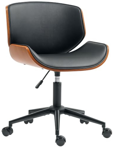 HOMCOM Chaise de Bureau sans Accoudoirs Hauteur Réglable Noir Marron Noyer | Fauteuil Ergonomique, Hauteur Réglable, Pivotant 360°, Style Mi-Siècle, Chaise Design d'Ordinateur en PU pour Bureau