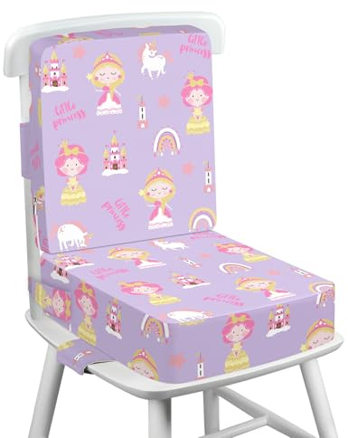 Trona de Viaje, Antideslizante Alzador Silla para Niños Comer con Respaldo para Bebe, 3 Correas Ajustables Lavable Asiento Elevador 36 x 32 x 10 CM - Princesa (Morado)
