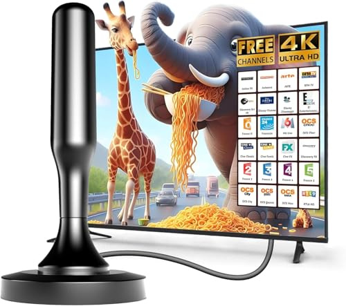 Antenne TV intérieur puissante, Antenne TV Intérieur, Antennes TNT Intérieur pour Téléviseur Intelligent - Compatible DVB-T2, 4K 1080P pour Chaînes Locales Gratuites, 2.5m (Noir)