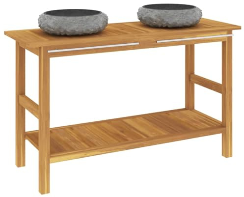 Tmriohed Doppelwaschtisch aus Massivholz Teak mit 2 schwarzen Marmorbecken, Waschtischunterschrank 132x45x75 cm inklusive Aufsatzwaschbecken für das moderne Badezimmer und den Waschraum