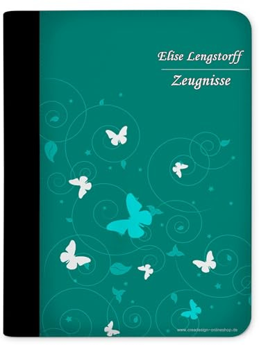 CreaDesign Zeugnismappe A4 mit Namen personalisiert – Schmetterling Ornamente Petrol – für Mädchen – Dokumentenmappe Schule ohne Klarsichthüllen