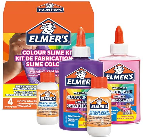 Elmer's Colour Slime Kit Slime Supplies Include Washable Colour PVA Glue Assorted Colours & Magical Liquid Slime Activator Washable & Kid Friendly 4 Count