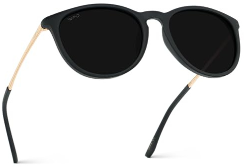 WearMe Pro Round Polarized Sunglasses for Women - UV400 Protection, Lightweight Tortoise Shell Frame, Vintage Retro Designer Style (Gold Frame/Black Lens)