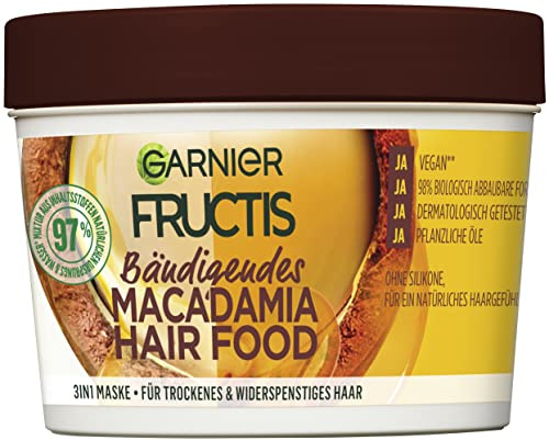 Garnier Haarmaske, Bändigendes Macadamia Hair Food, 3in1, ohne Silikone, für ein natürliches Haargefühl, Hair Food, Fructis, 390 ml