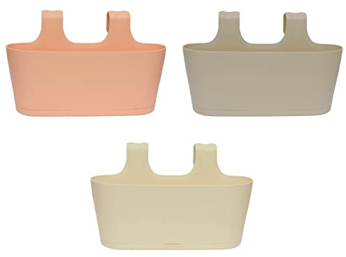 Engelland 3 x Blumenkasten zum Auf-Hängen, Farbmix: Apricot, Sand, Beige, Blumentopf, oval, Balkon, Übertopf, Pflanzkasten, mit Wasserspeicher/Wasserauffangschale