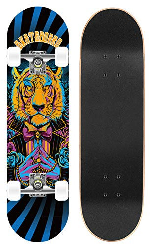DFWYG Standard Skateboards 31x 8 Komplettes Longboard, 9 Lagen Canadian Maple Wood Deck Skateboard für Kinder Teenager & Erwachsene Anfänger,Tiger