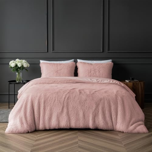 Sleepdown - Juego de cama, funda de edredón y funda de almohada, de pelo sintético de lujo, supersuave y de fácil cuidado, color rosa, para cama Super King (220 cm x 260 cm)