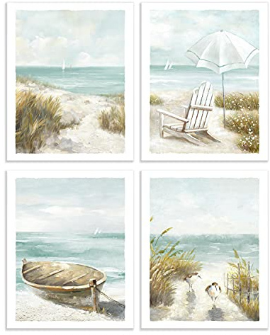 Color Play Coastal Wall Art Beach Prints: Unframed Ocean Seascape Picture Boat Seagull Grass Chair Umbrella Artwork for Home Decor, Set of 4