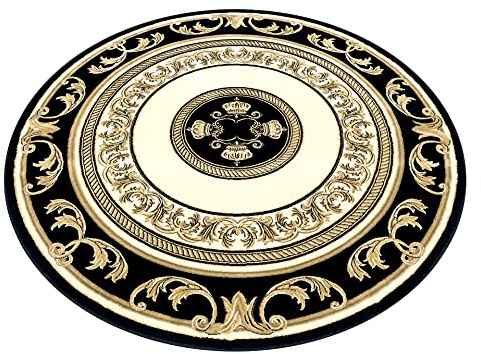 Teppich Rund Wohnzimmer Schlafzimmer Flur in schwarz gold Kurzflor 200 Durchmesser - Mäander Pegasus Design Fransen 100% Viskose Anti-Rutsch Antiallergisch Weich Flauschig Öko Tex - 200 cm, Rund