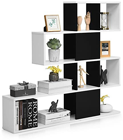 COSTWAY Cube Storage Unit, 4 Tier Under Stairs Bookcase with Open Shelves, Freestanding Corner Rack Ladder Shelving Units Room Divider for Home Office Living Room Bedroom (Black + White)
