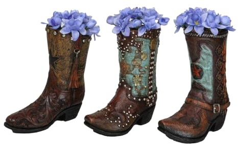 Ebros Gift Rustic Country Turquoise Cross Western Star and Frills Brown Faux Tooled Leather Cowgirl Cowboy Boot Decorative Flower Bouquet Vase Or Planter Figurine 7 H Southwestern Accent