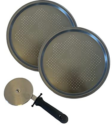 Chabrias Ltd 2 Pack 14.5 Non- Stick Pizza Tray Perforated Carbon Steel Tray with Pizza Cutter, Twin Set, Dark Grey, Pan, Cutter Wheel, Kitchen Set, Kitchen Essentials