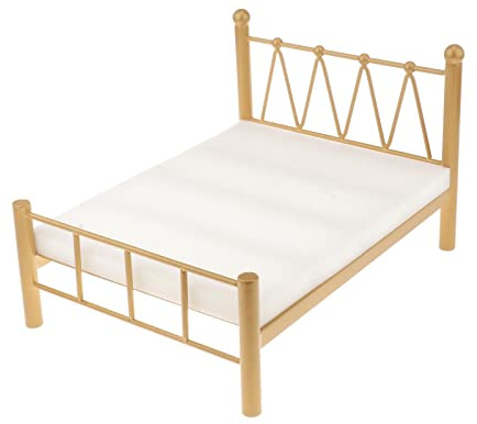 Gralara Puppenbett Miniatur Metall Schlafzimmermöbel Set mit Puppenhaus Möbel Hochstuhl Handwerksmodell für Puppensammler Heimdekoration, Doppelbett Gold