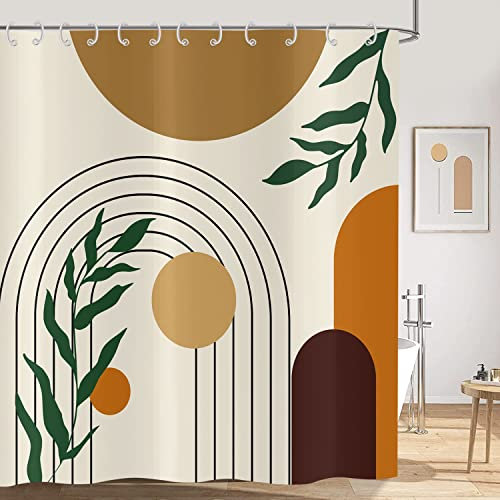 Hnmdmyi Cortina de Baño Boho 180x200, Cortina de Baño Abstracta Siglo Medio Arco Hojas Verdes Sol Beige Moderna Minimalista Estética Geométrica Arte Tejido Poliéster Impermeable Lavable con Ganchos