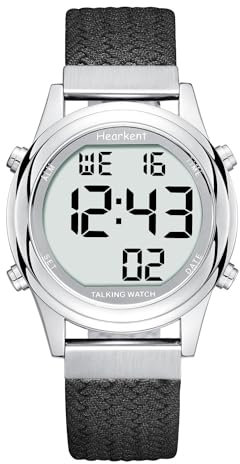 Hearkent Orologio digitale parlante da donna con voce comoda tedesca LCD grandi numeri orologio per ipovedenti, anziani o non vedenti, Nero , Classico